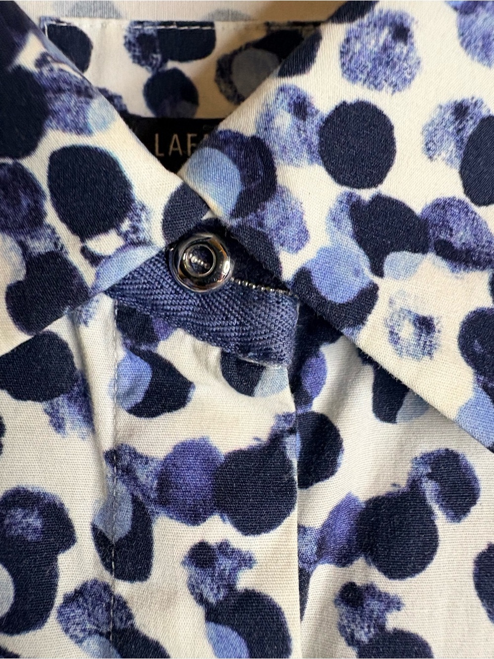 Lafayette 148 New York Blue Abstract Dot Stretch Cotton Shirt Medium - Picture 5 of 8
